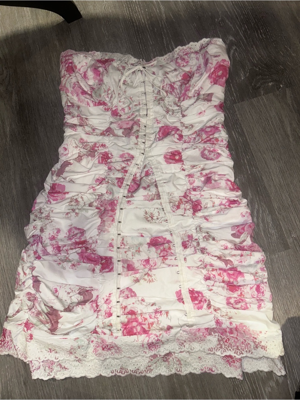 Floral Pink Ruched Mini Dress - Strapless Lace Trim